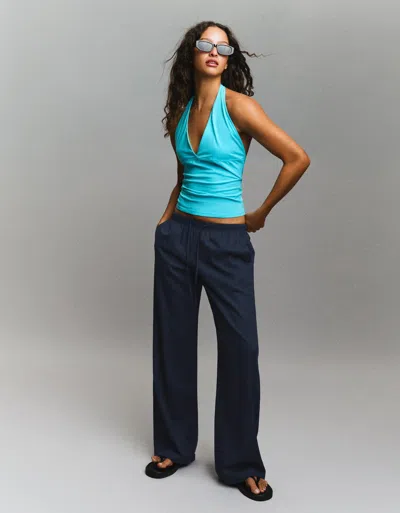 Bershka Straight-leg Trousers With Elasticated Waist In Blue