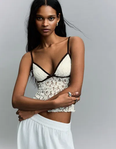 Bershka Strappy Lace Top With Bow In White