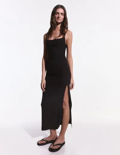 Bershka Strappy Ruched Midi Dress In Black