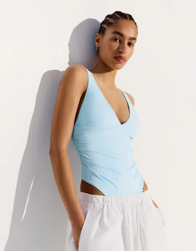 Bershka Strappy Shirred Bodysuit In Blue