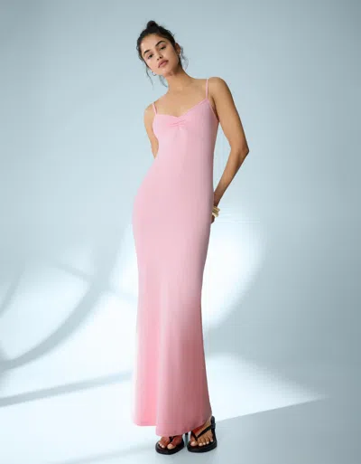 Bershka Strappy Shirred Midi Dress In Pink
