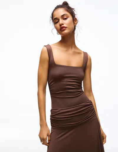 Bershka Strappy Square-neck Bodysuit In Brown
