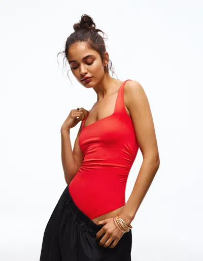 Bershka Strappy Square-neck Bodysuit In Red