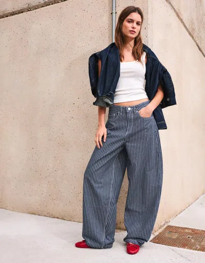 Bershka Striped Balloon Fit Trousers In Blue