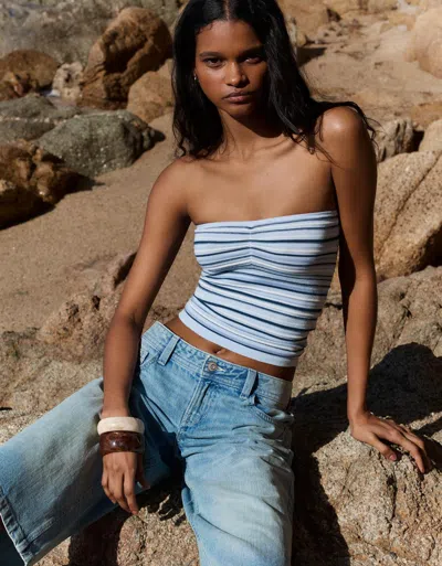 Bershka Striped Bandeau Top In Blue
