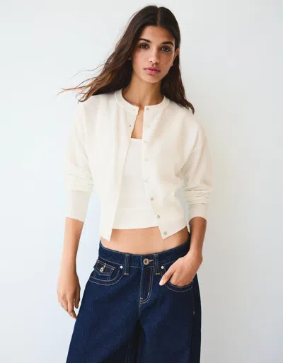 Bershka Striped Crew Neck Button-up Jacket In White