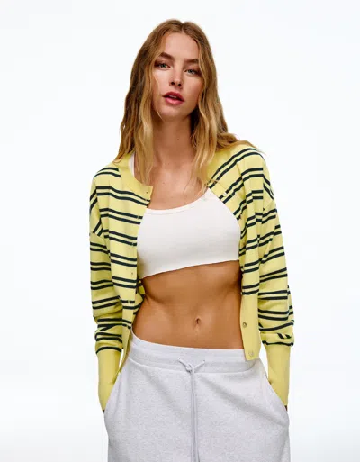 Bershka Striped Crew Neck Button-up Jacket In Yellow