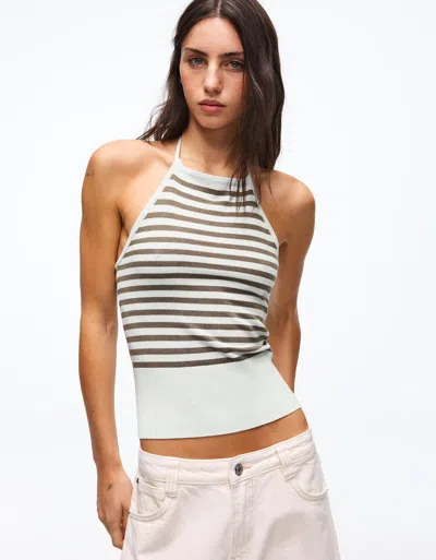 Bershka Striped Halter Top In Blue
