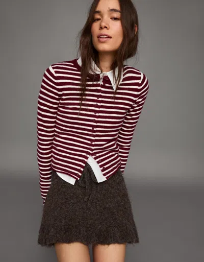 Bershka Striped Knit Cardigan In Burgundy