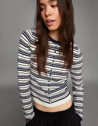 Bershka Striped Knit Cardigan In White
