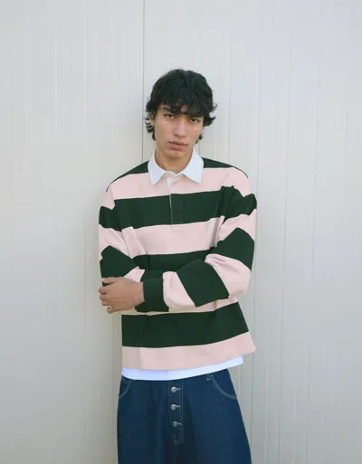 Bershka Striped Plush Jersey Polo Shirt In Pink