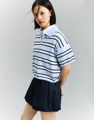 Bershka Striped Polo Collar Sweater In Blue