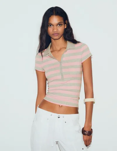 Bershka Striped Short Sleeve Polo Shirt In Pink