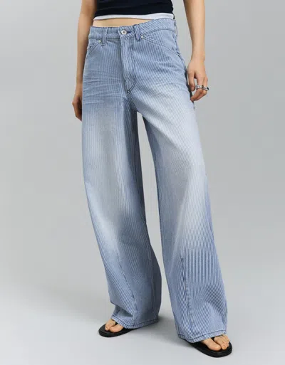 Bershka Striped Super Wide-leg Low-rise Jeans In Blue