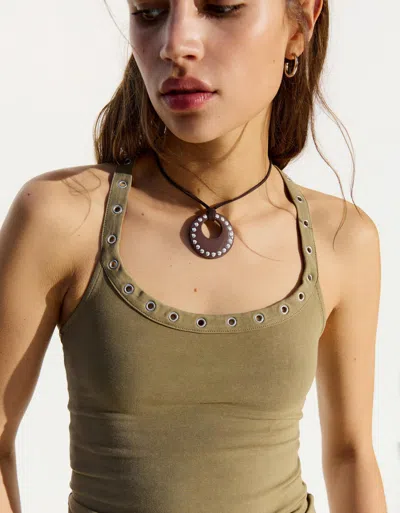 Bershka Studded Cord Necklace In Brown