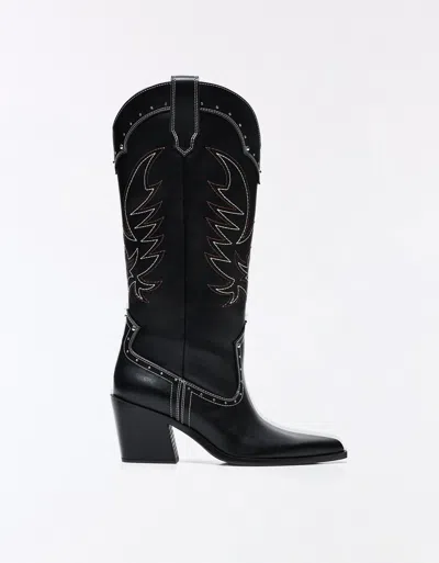 Bershka Studded Cowboy Heel Boot In Black