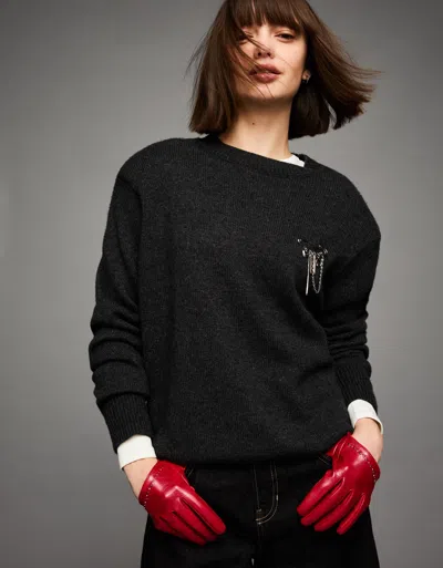 Bershka Studded Faux Leather Short Gloves In Red