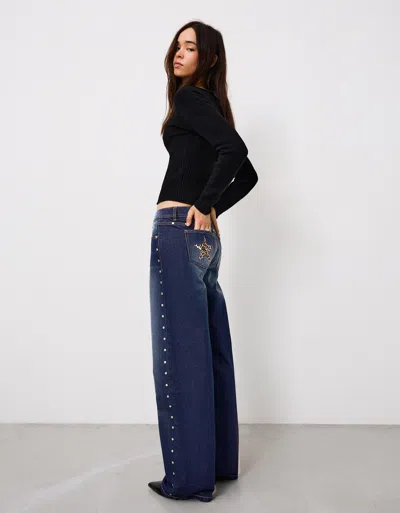 Bershka Studded Star Baggy Jeans In Blue