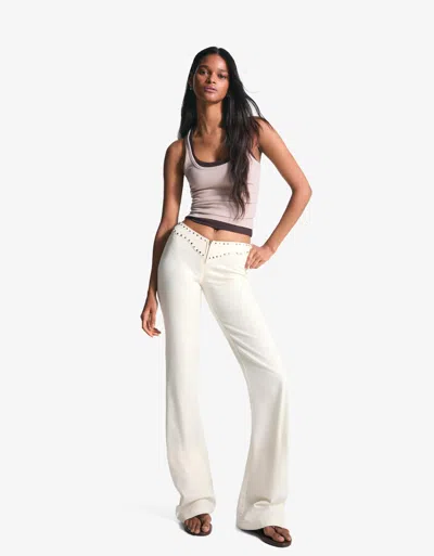 Bershka Studded Waist Pants With Zipper In White
