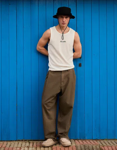 Bershka Super Baggy Linen Trousers In Brown