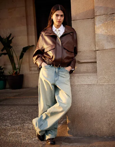 Bershka Super Wide-leg Low-rise Jeans In Brown