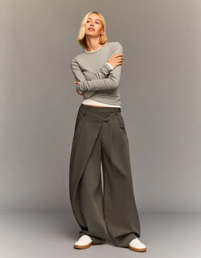 Bershka Tailored Pants With Crossover Waistband In Gray