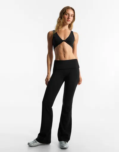 Bershka Technical Flared Trousers With Turn-up Waist In Black