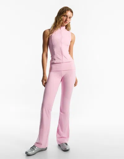 Bershka Technical Flared Trousers With Turn-up Waist In Pink