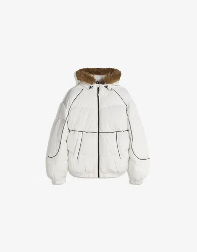 Bershka Technical Jacket With Faux Fur Hood In White