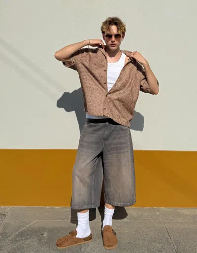 Bershka Textured Boxy-fit Short Sleeve Shirt In Brown