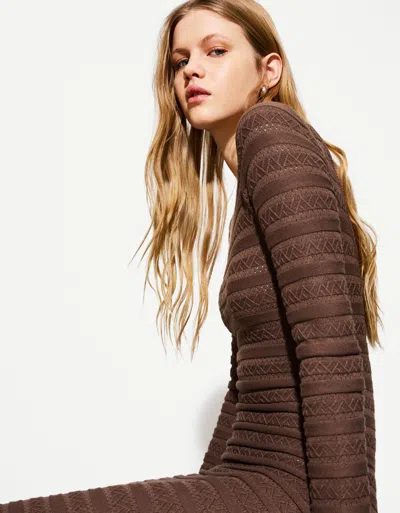 Bershka Textured Midi Dress In Brown