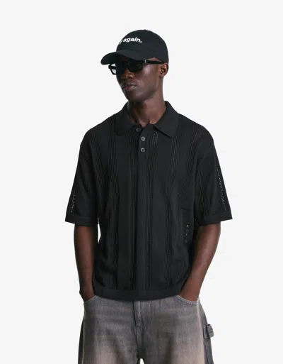 Bershka Textured Openwork Polo Shirt In Black