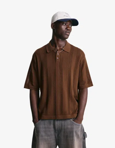 Bershka Textured Openwork Polo Shirt In Brown