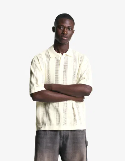 Bershka Textured Openwork Polo Shirt In White
