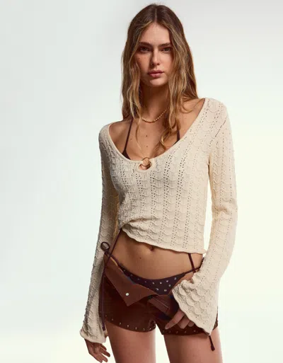 Bershka Textured Sweater With Ring Detail In Neutral