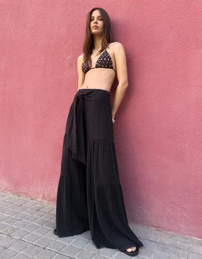 Bershka Textured Wide-leg Pants In Black