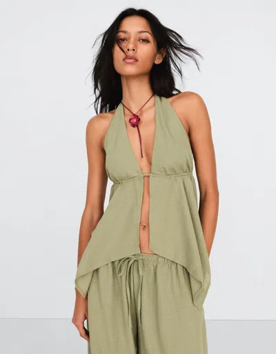 Bershka Tied Halter Top In Green