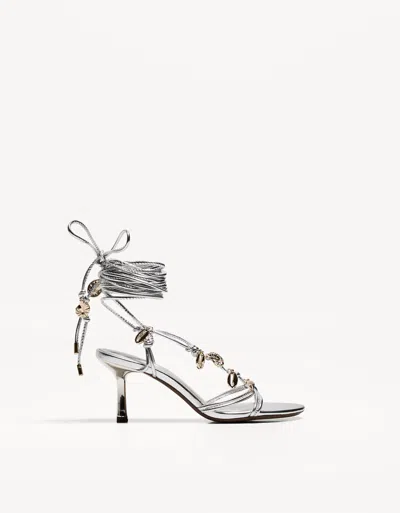Bershka Tied High-heel Sandals With Rhinestones In Silver