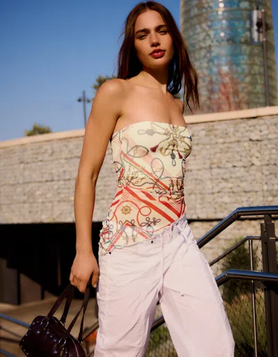 Bershka Tulle Bandeau Top In Neutral