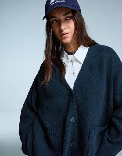 Bershka V-neck Cardigan With Buttons In Blue