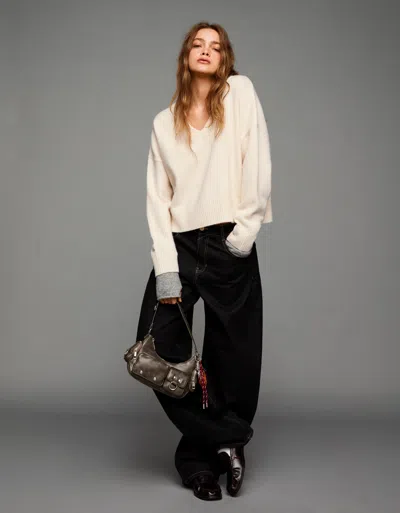 Bershka V-neck Cropped Sweater In Neutral