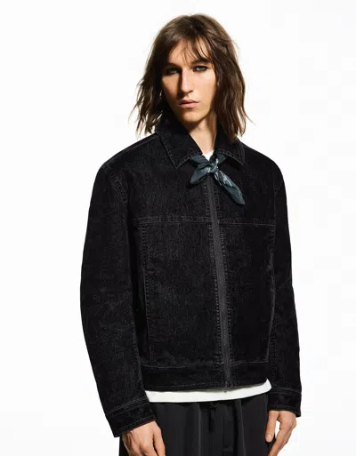 Bershka Velvet Effect Zip-up Jacket In Black