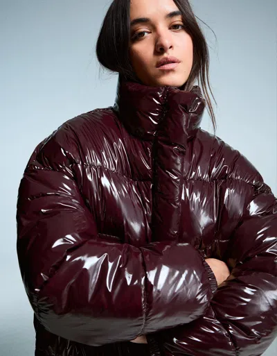 Bershka Vinyl-effect Puffer Jacket In Brown