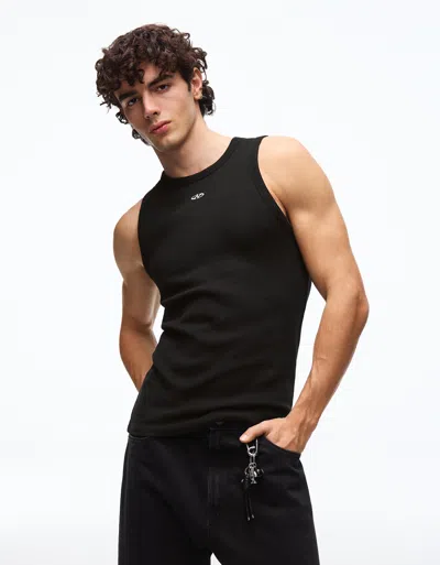 Bershka Waffle-knit Print Strappy T-shirt In Black