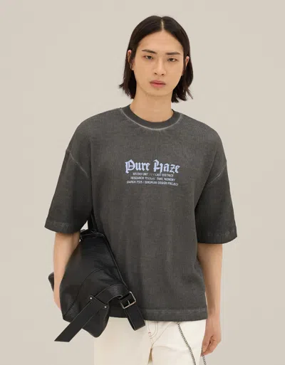 Bershka Waffle-knit Short Sleeve Print T-shirt In Gray