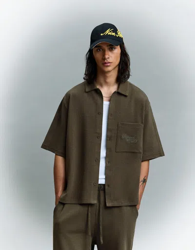Bershka Waffle-knit Short Sleeve Shirt In Brown