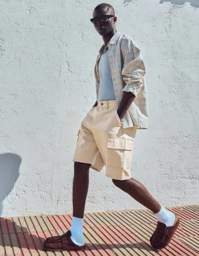 Bershka Wide Cargo Bermuda Shorts In Neutral