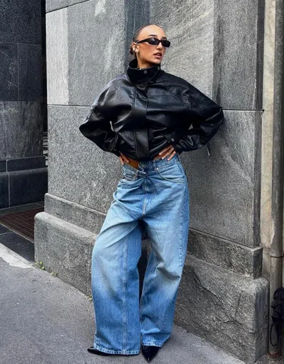 Bershka Wide Leg Jeans With Crossover Waistband In Black