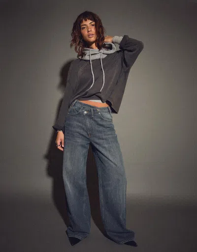 Bershka Wide Leg Jeans With Crossover Waistband In Blue