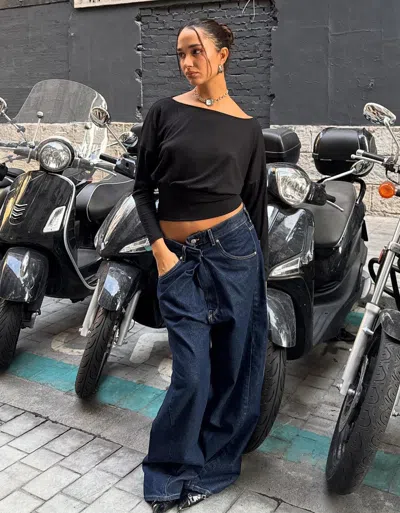 Bershka Wide Leg Jeans With Crossover Waistband In Blue